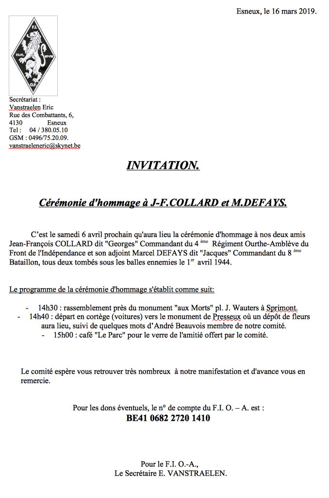 Cérémonie d'hommage à J-F. Collard et M. Defays.